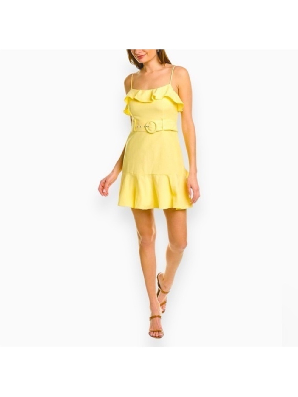 BCBGeneration Lemon Ruffle Belted Spaghetti Strap Mini Dress